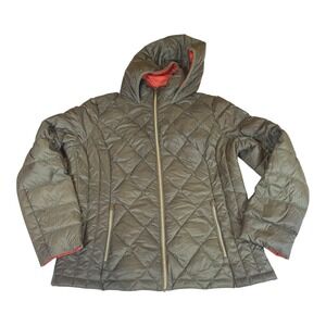 Lucky Brand Hooded Quilted Down Puffer Jacket Green Orange Lined Women's Size L